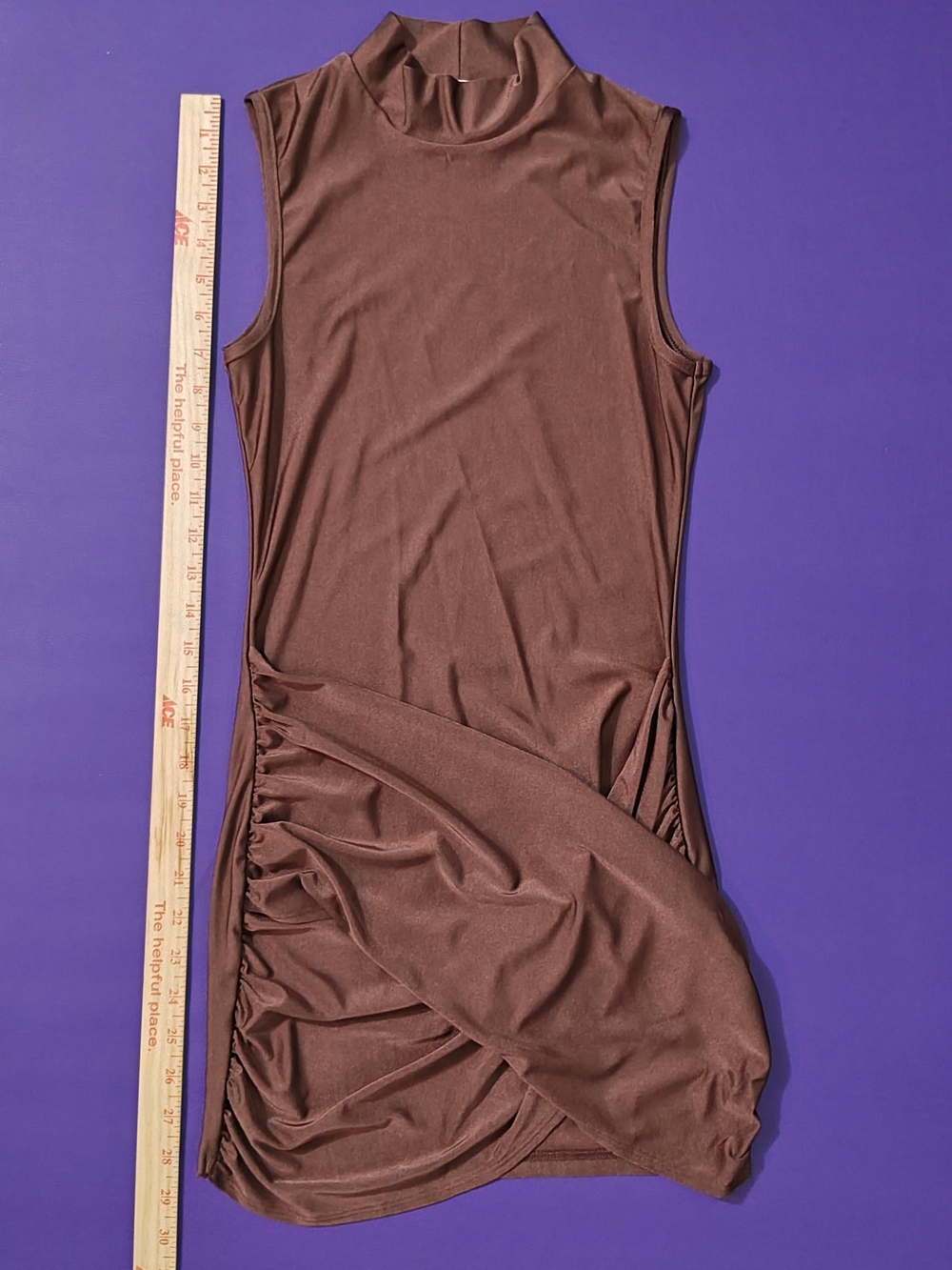 Sleeveless Mock Neck Ruched Side Mini Dress - Brown
